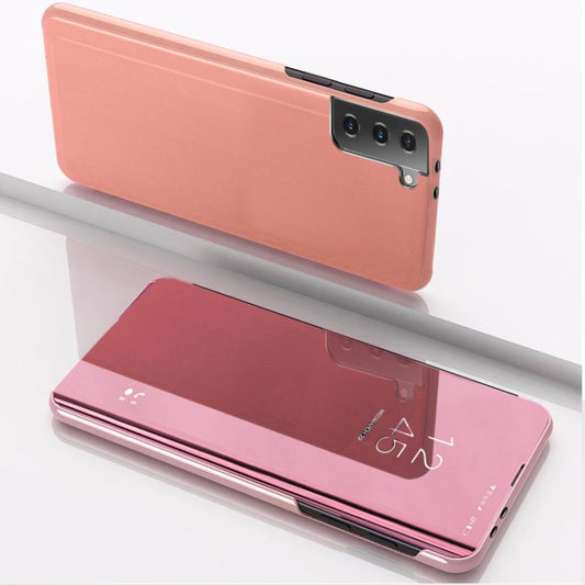 For Samsung Galaxy S21 FE Plated Mirror Horizontal Flip Leather Case with Holder(Rose Gold) - Samsung Accessories by buy2fix | Online Shopping UK | buy2fix