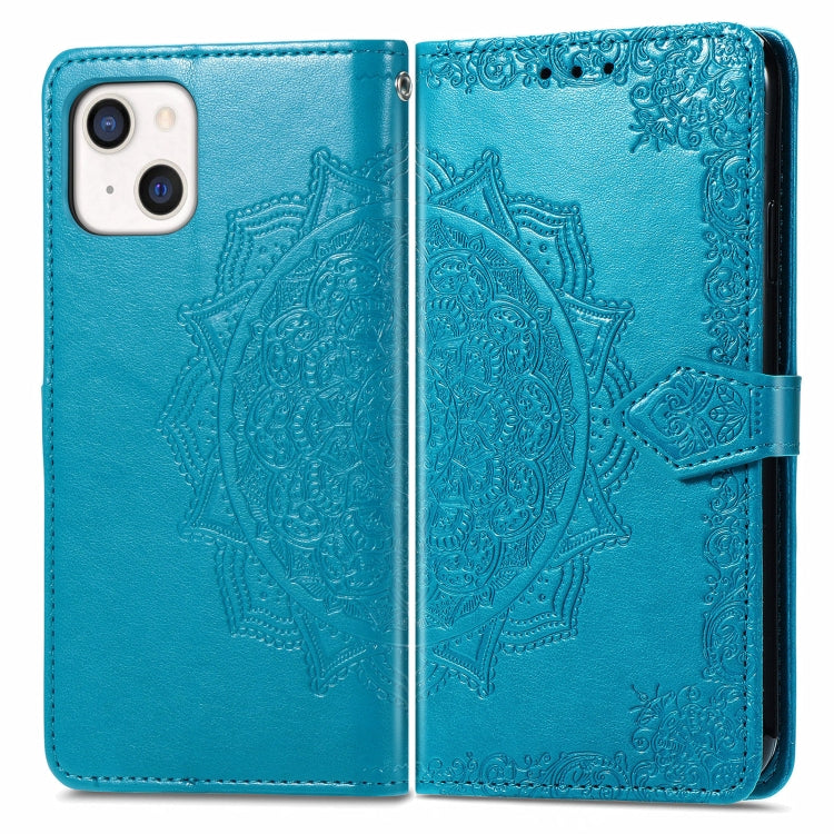 For iPhone 13 Mandala Flower Embossed Horizontal Flip Leather Case with Holder & Three Card Slots & Wallet & Lanyard (Blue) - Apple Accessories by buy2fix | Online Shopping UK | buy2fix