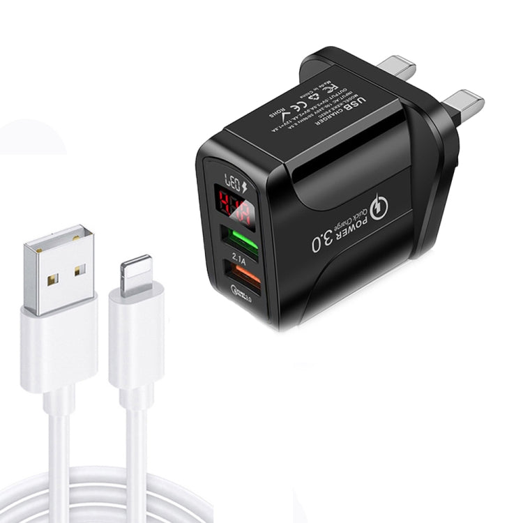 F002C QC3.0 USB + USB 2.0 LED Digital Display Fast Charger with USB to 8 Pin Data Cable, UK Plug(Black) - Apple Accessories by buy2fix | Online Shopping UK | buy2fix