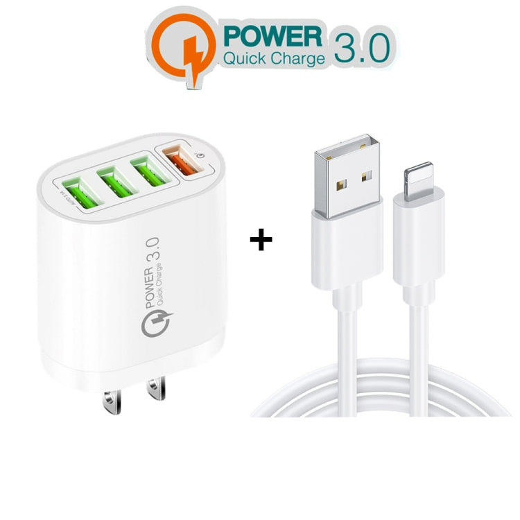 QC-04 QC3.0 + 3 x USB2.0 Multi-ports Charger with 3A USB to 8 Pin Data Cable,US Plug(White) - Apple Accessories by buy2fix | Online Shopping UK | buy2fix