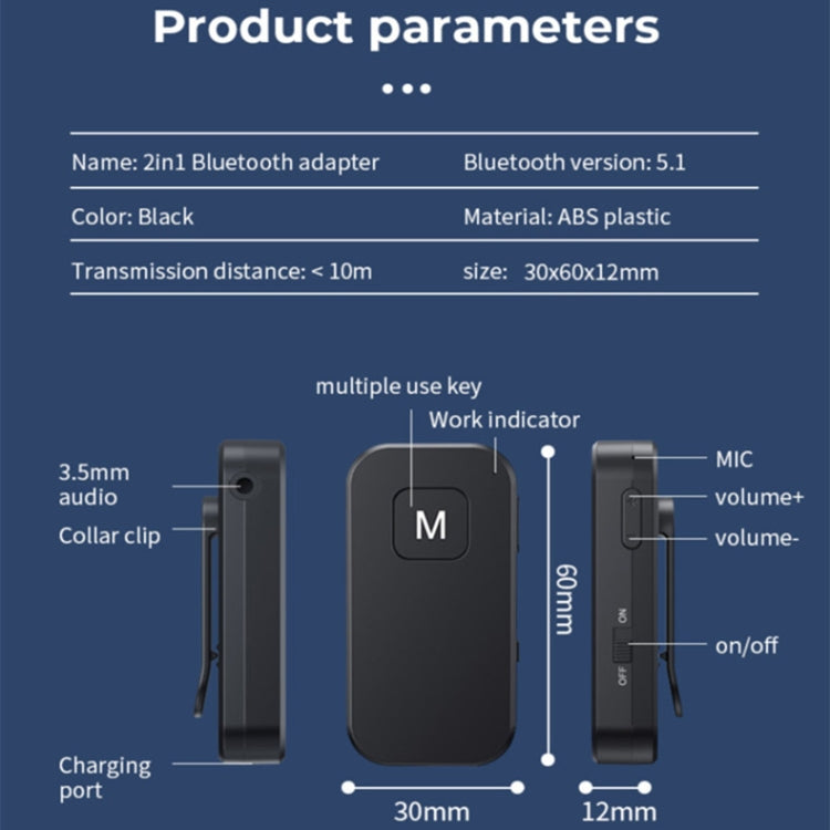 BT03 2 in 1 Bluetooth 5.1 Audio Receiver & Transmitter Car Hands-free Calls - Apple Accessories by buy2fix | Online Shopping UK | buy2fix