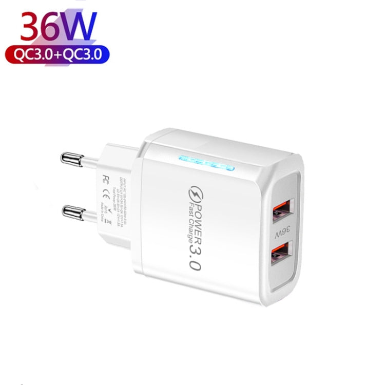 36W Dual Port QC3.0 USB Mobile Phone Charger Dual 18W Output, EU Plug(White) - Apple Accessories by buy2fix | Online Shopping UK | buy2fix