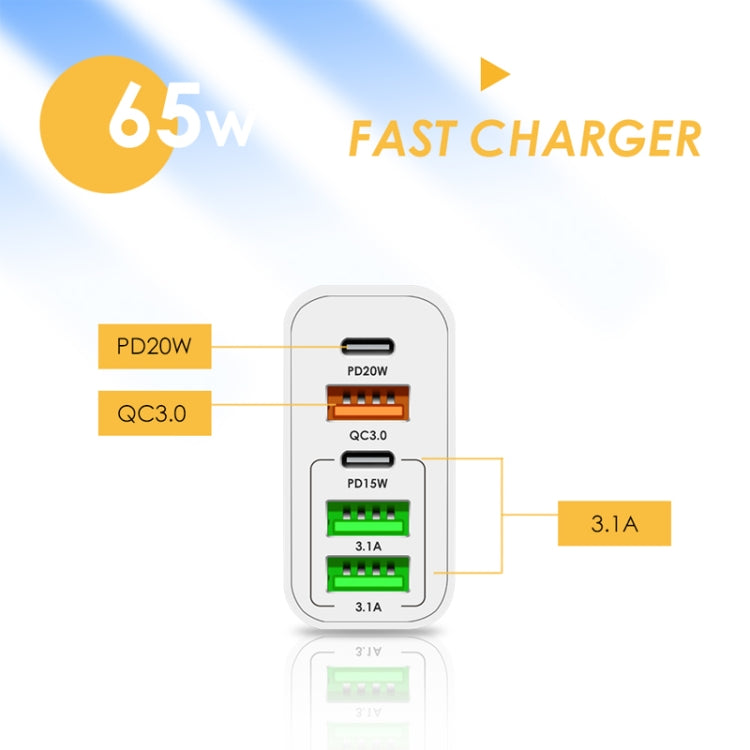 65W Dual PD Type-C + 3 x USB Multi Port Charger with 3A USB to Type-C Data Cable, EU Plug(White) - USB Charger by buy2fix | Online Shopping UK | buy2fix