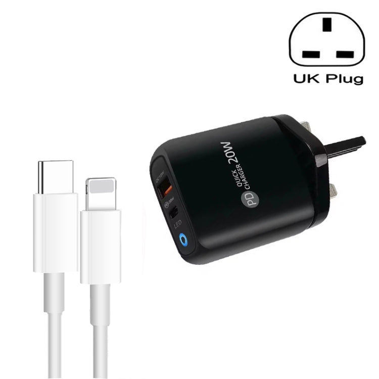 PD04 Type-C + USB Mobile Phone Charger with Type-C to 8 Pin Cable, UK Plug(Black) - USB Charger by buy2fix | Online Shopping UK | buy2fix