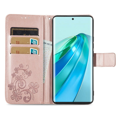 For Honor Magic5 Lite Four-leaf Clasp Embossed Buckle Leather Phone Case(Rose Gold) - Honor Cases by buy2fix | Online Shopping UK | buy2fix