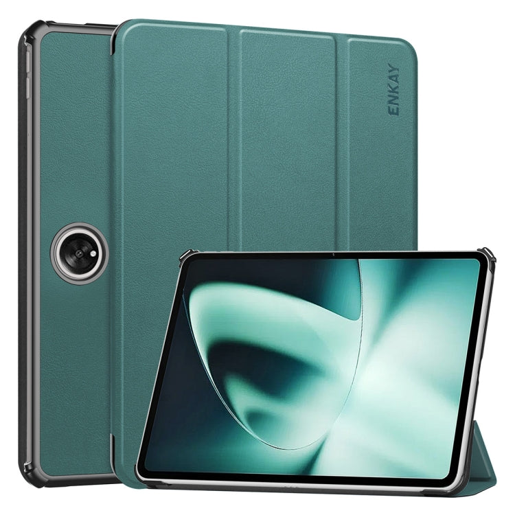 For OnePlus Pad / OPPO Pad 2 ENKAY Tri-fold Custer Texture Leather Stand Smart Case(Dark Green) - OPPO Cases by ENKAY | Online Shopping UK | buy2fix