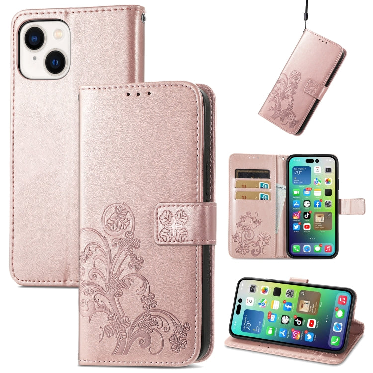 For iPhone 15 Plus Four-leaf Clasp Embossed Buckle Leather Phone Case(Rose Gold) - iPhone 15 Plus Cases by buy2fix | Online Shopping UK | buy2fix