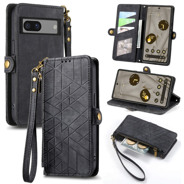 For Google Pixel 7 Geometric Zipper Wallet Side Buckle Leather Phone Case(Black) - Google Cases by buy2fix | Online Shopping UK | buy2fix