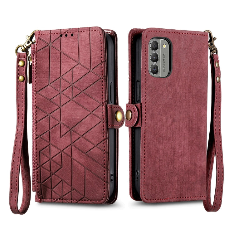 For Nokia C3 Geometric Zipper Wallet Side Buckle Leather Phone Case(Red) - Nokia Cases by buy2fix | Online Shopping UK | buy2fix