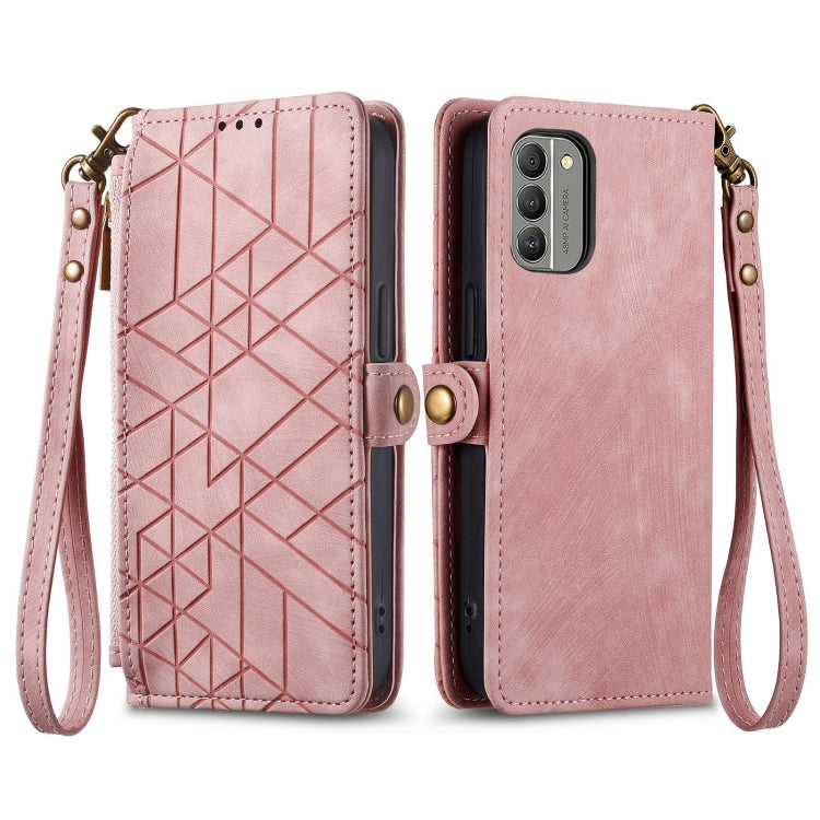 For Nokia C20 Geometric Zipper Wallet Side Buckle Leather Phone Case(Pink) - Nokia Cases by buy2fix | Online Shopping UK | buy2fix