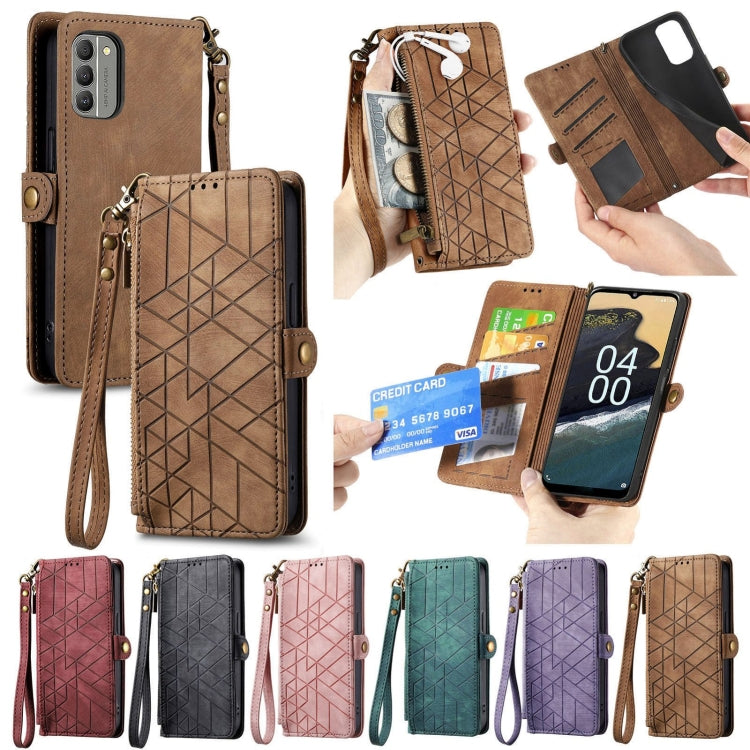 For Nokia C20 Geometric Zipper Wallet Side Buckle Leather Phone Case(Brown) - Nokia Cases by buy2fix | Online Shopping UK | buy2fix