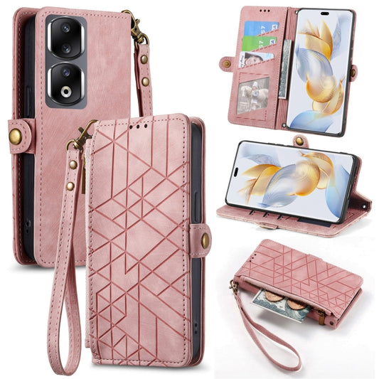 For Honor 90 Pro Geometric Zipper Wallet Side Buckle Leather Phone Case(Pink) - Honor Cases by buy2fix | Online Shopping UK | buy2fix
