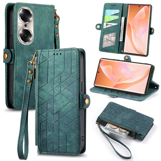 For Honor 60 Pro Geometric Zipper Wallet Side Buckle Leather Phone Case(Green) - Honor Cases by buy2fix | Online Shopping UK | buy2fix