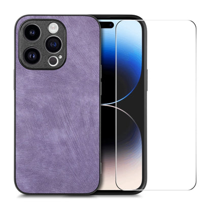 For iPhone 15 Pro Max ENKAY Retro Leather Skin PC Phone Case with High Aluminum-silicon Glass Film(Purple) - iPhone 15 Pro Max Cases by ENKAY | Online Shopping UK | buy2fix