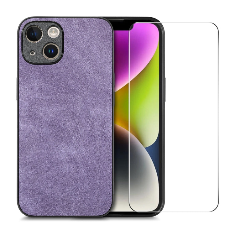 For iPhone 14 Plus ENKAY Retro Leather Skin PC Phone Case with High Aluminum-silicon Glass Film(Purple) - iPhone 14 Plus Cases by ENKAY | Online Shopping UK | buy2fix