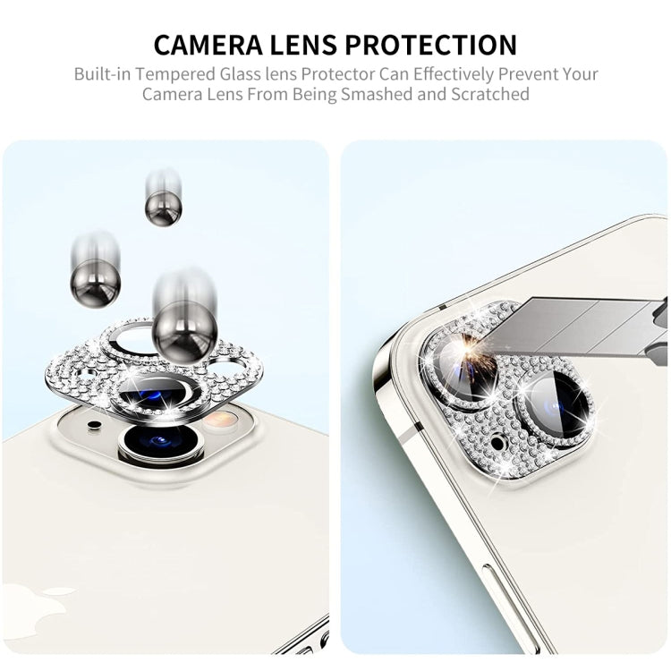 For iPhone 15 / 15 Plus ENKAY Hat-Prince Blink Diamond Camera Lens Aluminium Alloy + Tempered Glass Full Coverage Protector(Silver) - iPhone 15 Tempered Glass by ENKAY | Online Shopping UK | buy2fix