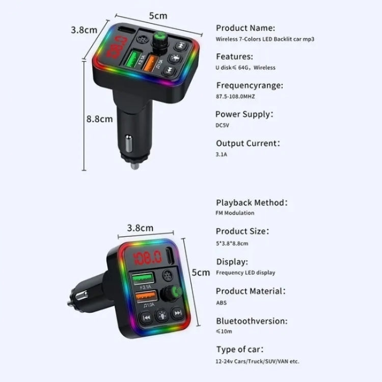 P19 Support U Disk Wireless 7-Colors LED Backlit Car MP3 Hands-Free Bluetooth Calling Car Audio Charger - Bluetooth Car Kits by buy2fix | Online Shopping UK | buy2fix