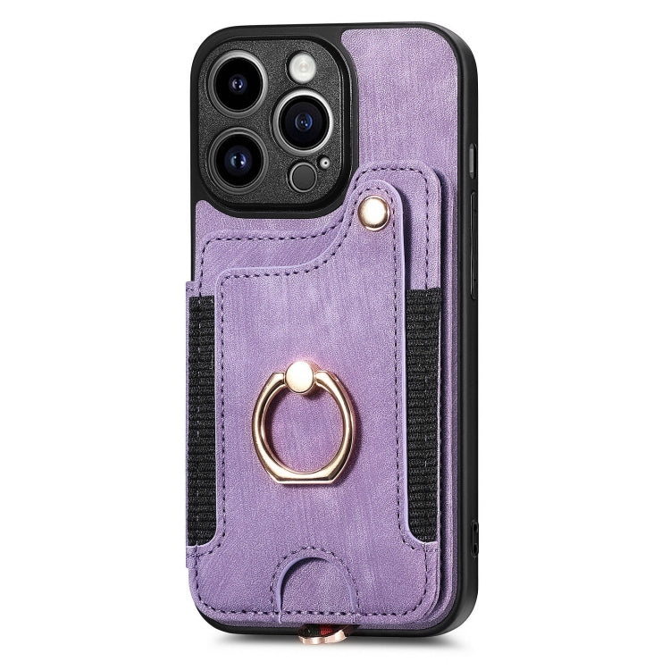 For iPhone 15 Pro Max Retro Skin-feel Ring Multi-card Wallet Phone Case(Purple) - iPhone 15 Pro Max Cases by buy2fix | Online Shopping UK | buy2fix