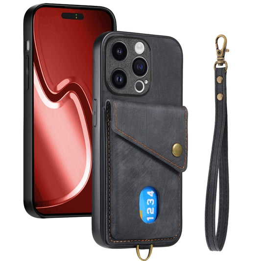 For iPhone 15 Pro Max Retro Card Wallet Fold Leather Phone Case with Strap(Black) - iPhone 15 Pro Max Cases by buy2fix | Online Shopping UK | buy2fix