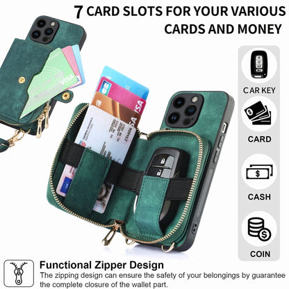 For iPhone 15 Pro Max Crossbody Multi-function Zipper Wallet Phone Case(Green) - iPhone 15 Pro Max Cases by buy2fix | Online Shopping UK | buy2fix