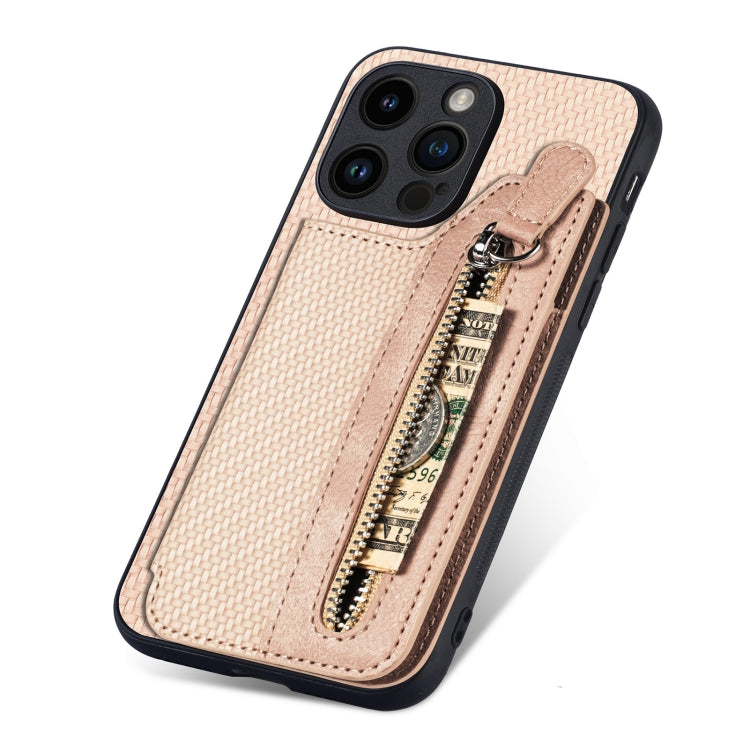 For iPhone 15 Pro Max Carbon Fiber Horizontal Flip Zipper Wallet Phone Case(Khaki) - iPhone 15 Pro Max Cases by buy2fix | Online Shopping UK | buy2fix