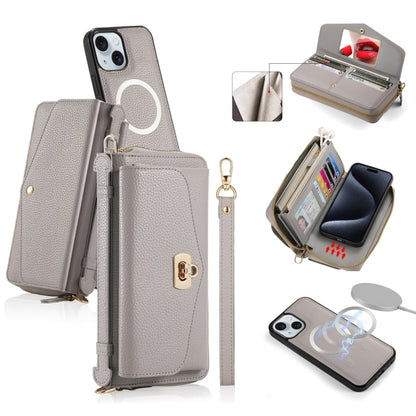 For iPhone 15 MagSafe Crossbody Multi-functional Zipper Wallet Litchi Leather Phone Case(Grey) - iPhone 15 Cases by buy2fix | Online Shopping UK | buy2fix