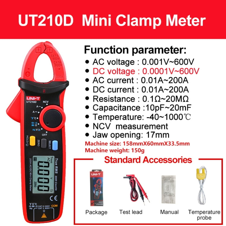 UNI-T UT210D 200A Digital Clamp Meter AC DC Voltage Detector - Consumer Electronics by UNI-T | Online Shopping UK | buy2fix