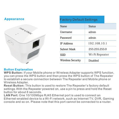 PIXLINK WR12 300Mbps WIFI Signal Amplification Enhanced Repeater, Plug Type:EU Plug - Broadband Amplifiers by PIXLINK | Online Shopping UK | buy2fix