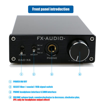 FX-AUDIO DAC-X6 Fever HiFi Fiber Coaxial USB Amp Digital Audio DAC Decoder 24BIT/192(Black) - Consumer Electronics by buy2fix | Online Shopping UK | buy2fix