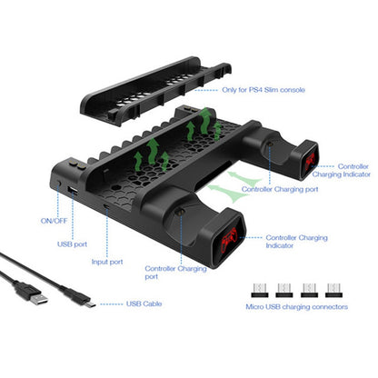 DOBE For PS4 / SLIM / PRO Multi-function Cooling Base Cooling Fan + Disc Rack + Dual Charge with LED Lights - Toys & Hobbies by DOBE | Online Shopping UK | buy2fix