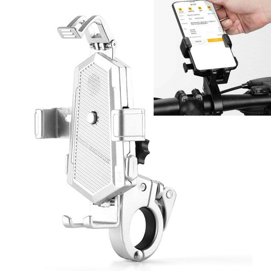 Bicycle Mobile Phone Holder Can Rotate And Adjust Fixed Aluminum Alloy Bracket Automatic Grab Bracket, Style:Handlebar Installation(Silver) - Holders by buy2fix | Online Shopping UK | buy2fix