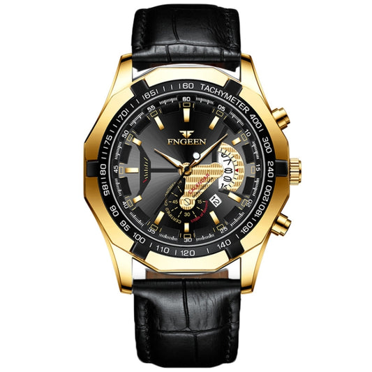 FNGEEN S001 Men Waterproof Watch Calendar Watch(Black Leather Full Gold Black Surface) - Alloy Watches by FNGEEN | Online Shopping UK | buy2fix