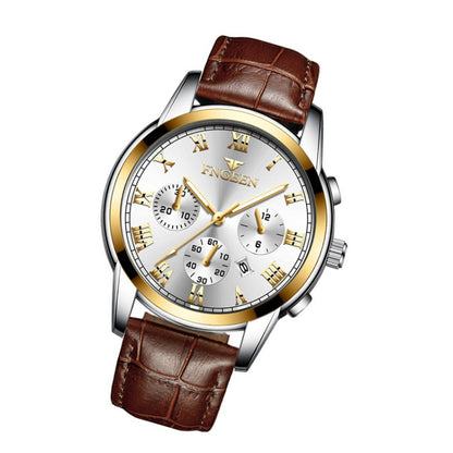 FNGEEN 4006 Men Trendy Waterproof Quartz Watch(Brown Leather Gold White Surface) - Alloy Watches by FNGEEN | Online Shopping UK | buy2fix