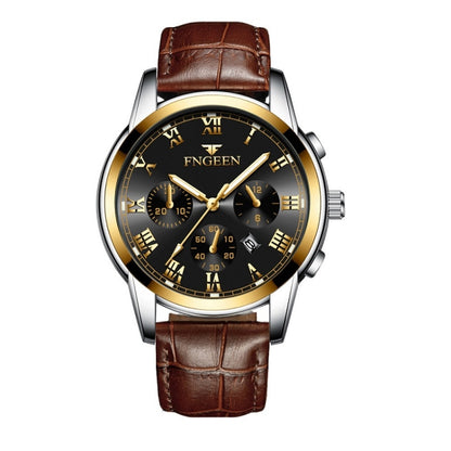 FNGEEN 4006 Men Trendy Waterproof Quartz Watch(Brown Leather Gold Black Surface) - Alloy Watches by FNGEEN | Online Shopping UK | buy2fix