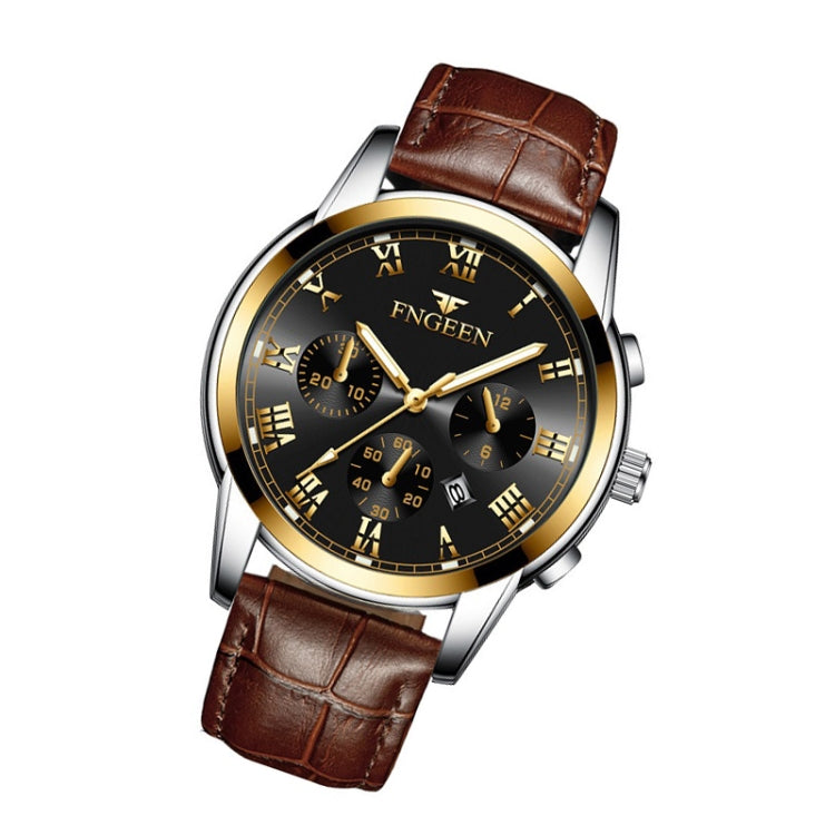 FNGEEN 4006 Men Trendy Waterproof Quartz Watch(Brown Leather Gold Black Surface) - Alloy Watches by FNGEEN | Online Shopping UK | buy2fix