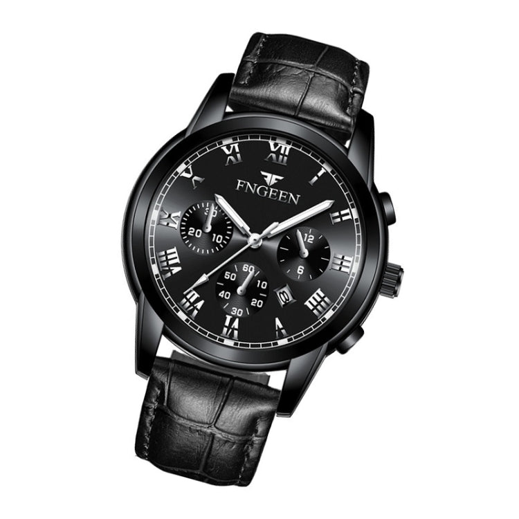 FNGEEN 4006 Men Trendy Waterproof Quartz Watch(Black Leather Black Steel Black Surface) - Alloy Watches by FNGEEN | Online Shopping UK | buy2fix