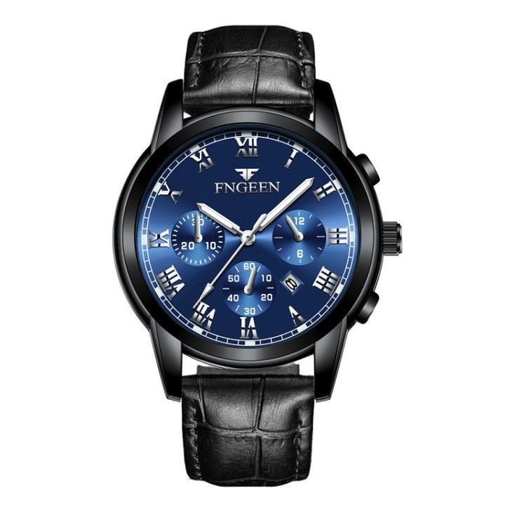 FNGEEN 4006 Men Trendy Waterproof Quartz Watch(Black Leather Black Steel Blue Surface) - Alloy Watches by FNGEEN | Online Shopping UK | buy2fix