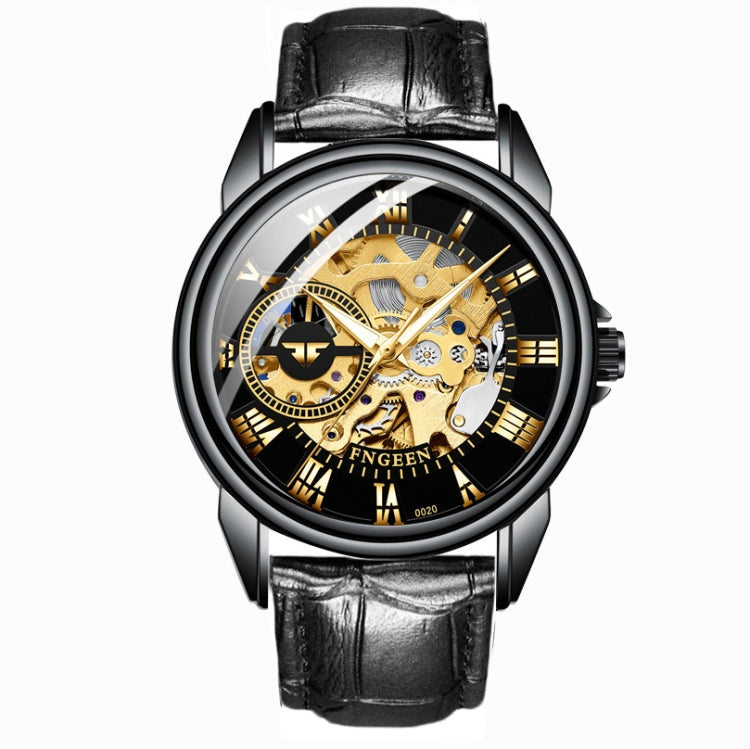 FNGEEN 0020 Men And Women Automatic Mechanical Watch Double-sided Hollow Business Watch(All Black Leather Golden Nails) - Leather Strap Watches by FNGEEN | Online Shopping UK | buy2fix