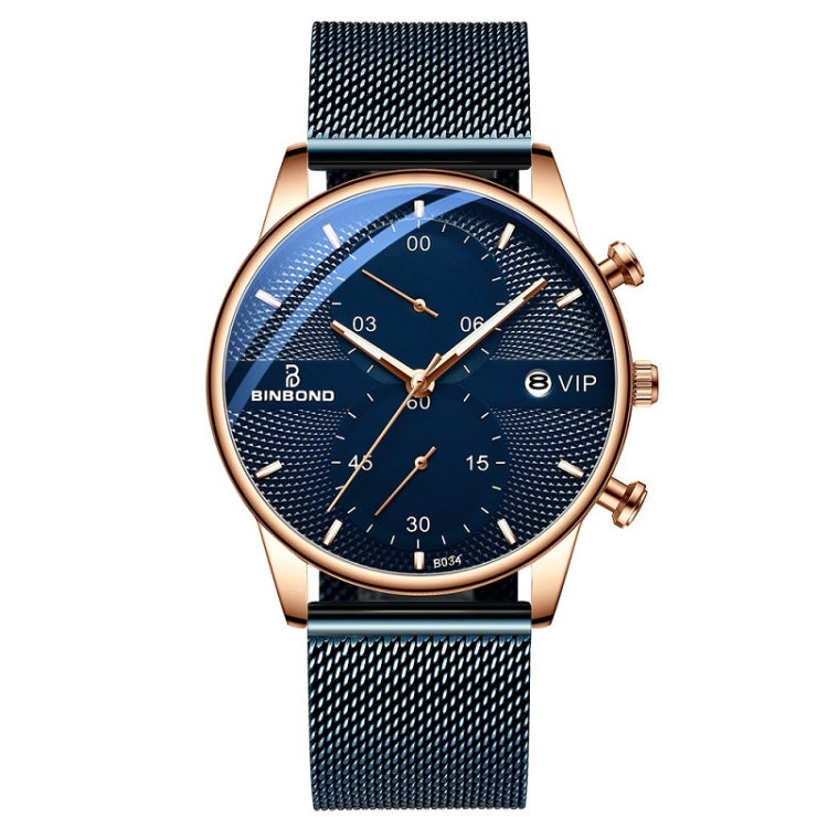 BINBOND B0158 Men Luminous Multifunctional Business Quartz Watch(Blue Mash Rose Shell Blue Surface) - Metal Strap Watches by BINBOND | Online Shopping UK | buy2fix