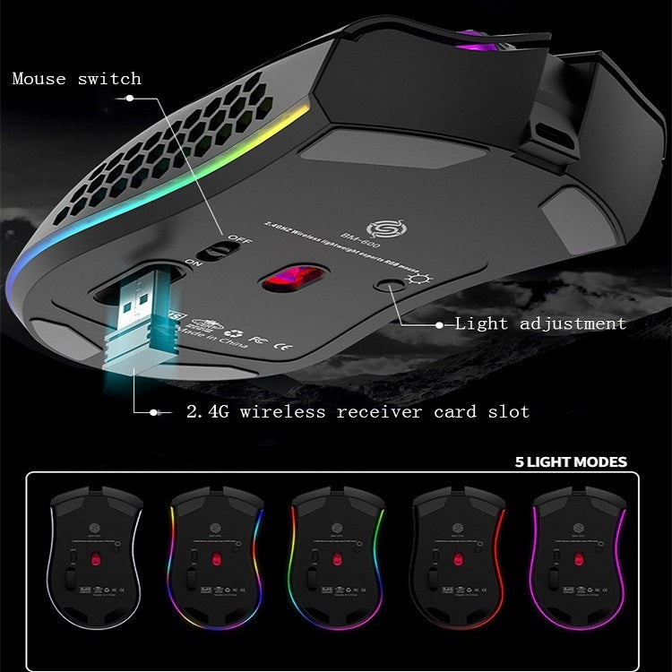 K-Snake BM600 1600 DPI 7-keys Hollow Lightweight Wireless Charging RGB Colorful Gaming Mouse(Wireless BM600 Black) - Wireless Mice by K-Snake | Online Shopping UK | buy2fix