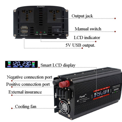 3000W LCD Smart Home Car Inverter 12V To 220V Power Converter - In Car by buy2fix | Online Shopping UK | buy2fix