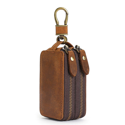 TP-9032 First Layer Cowhide Multifunctional Double Zipper Car Key Case(Brown) - In Car by buy2fix | Online Shopping UK | buy2fix