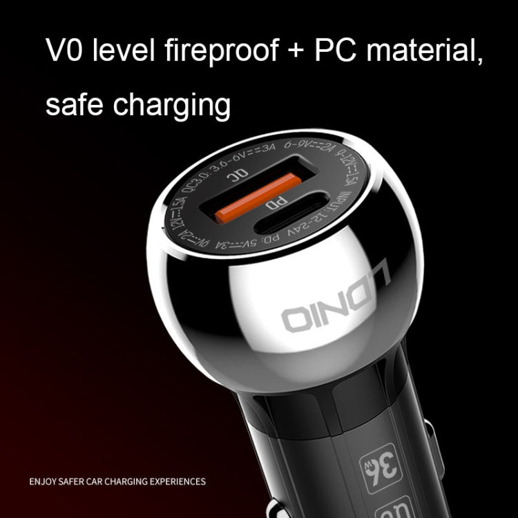 LDNIO C1 36W PD + QC 3.0 Car Fast Charger High Power Smart USB Car Charger with 8 Pin Cable - Car Charger by LDNIO | Online Shopping UK | buy2fix