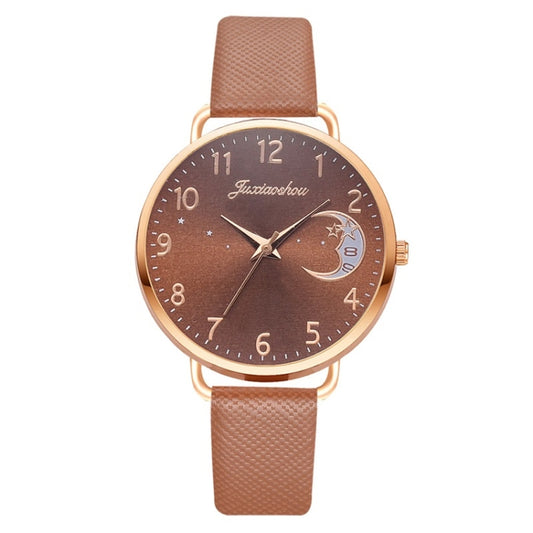 Ladies Moon Pattern Dial PU Strap Quartz Watch, Color: Brown - Leather Strap Watches by buy2fix | Online Shopping UK | buy2fix