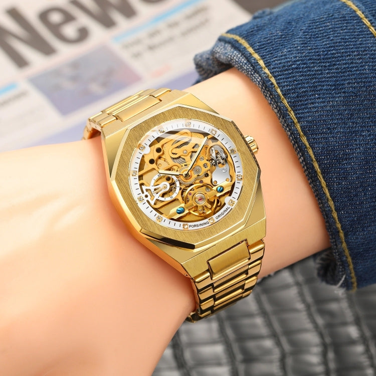 FORSINING F980 Luminous Three Eye Six Shot Weekly Steel Belt Men Fully Automatic Mechanical Watch(Gold Belt Gold Face) - Metal Strap Watches by FORSINING | Online Shopping UK | buy2fix