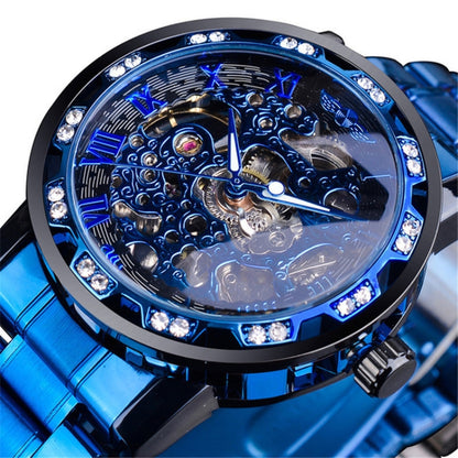 Winner Leisure Skeleton Diamond Luminous Pointer Watch Men Manual Mechanical Watch(Blue Belt Black Shell Blue Face) - Metal Strap Watches by Winner | Online Shopping UK | buy2fix