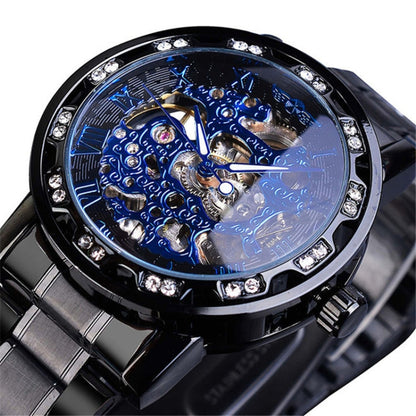 Winner Leisure Skeleton Diamond Luminous Pointer Watch Men Manual Mechanical Watch(Black Belt Black Shell Blue Face) - Metal Strap Watches by Winner | Online Shopping UK | buy2fix