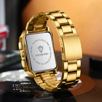 BINBOND B6575 Men Vintage Square Multifunctional Luminous Quartz Watch, Color: Full Gold-Black - Metal Strap Watches by BINBOND | Online Shopping UK | buy2fix