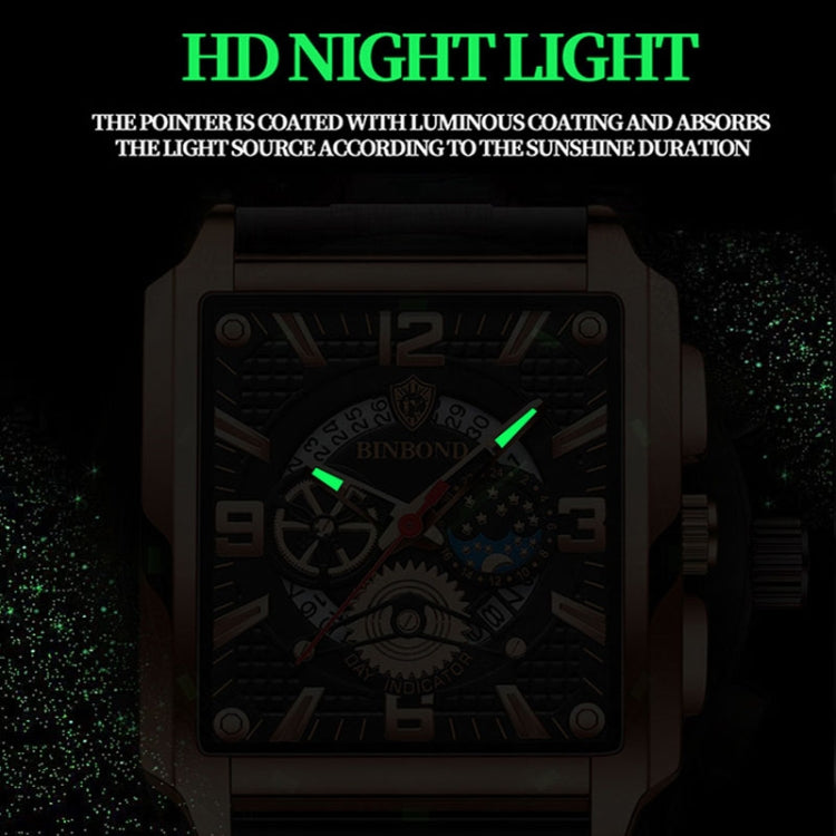 BINBOND B6575 Men Vintage Square Multifunctional Luminous Quartz Watch, Color: Black Leather-Rose Gold-Black - Metal Strap Watches by BINBOND | Online Shopping UK | buy2fix