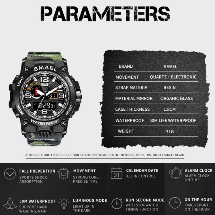 SMAEL 1545D Time Men Anti-falling Night Light Alarm Waterproof Sports Watch(Camouflage Army Green) - Sport Watches by SMAEL | Online Shopping UK | buy2fix